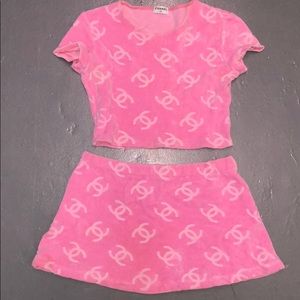 Chanel Pink Velour Crop Top Mini Skirt 